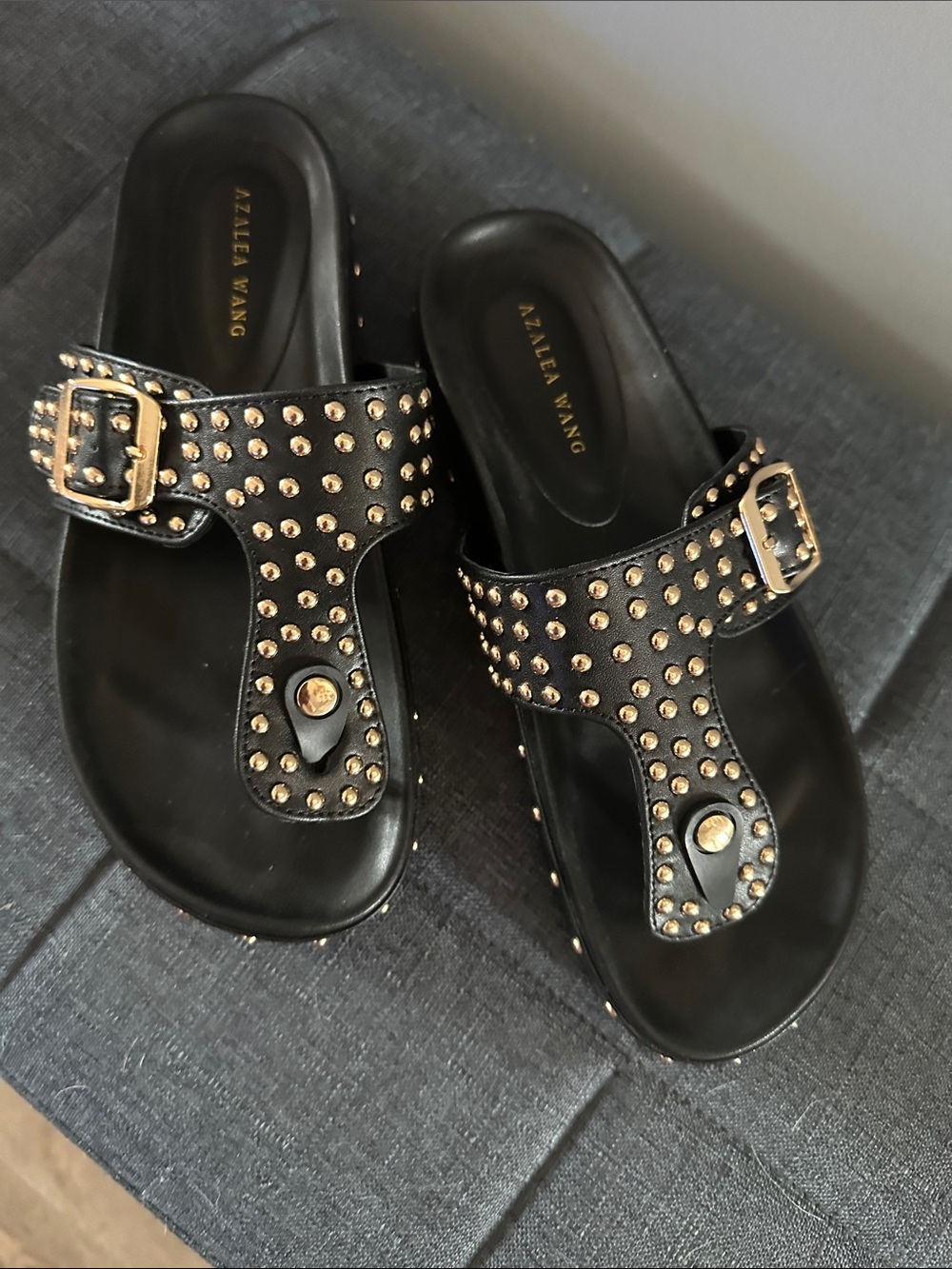 Azalea Wang Black Studded Leather Toe-Post Slide Mules
